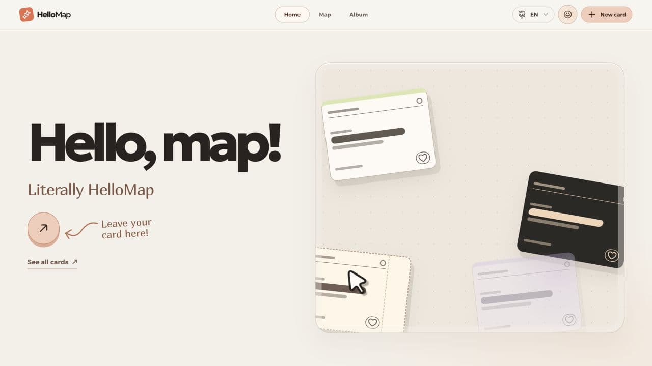 The HelloMap homepage with a large Hello, map! heading, a link to the map and a composition of colourful cards on a light background.