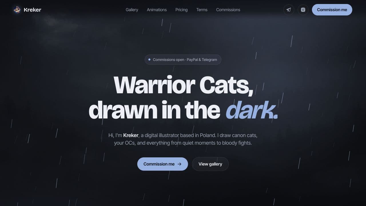 The Kreker homepage with a large Warrior Cats heading over a dark forest and rain, plus links to commissions and the gallery.